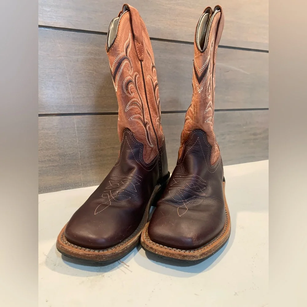 Old West Boys Square Toe Boots Brown Size 12.5- D Leather Western Casual Rodeo